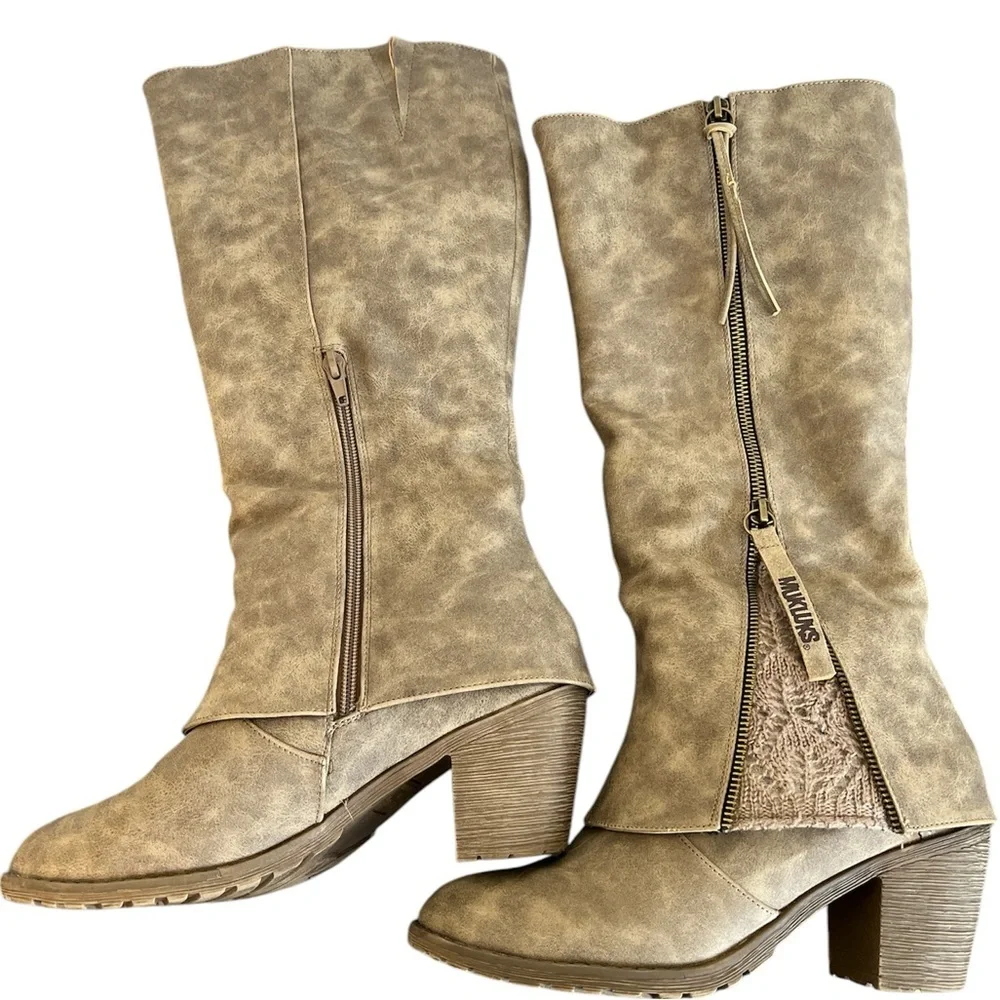 Mukluks Tan & Dark Brown Faux leather Boots w/side zipper & knit detail Size 8 - Picture 3 of 17